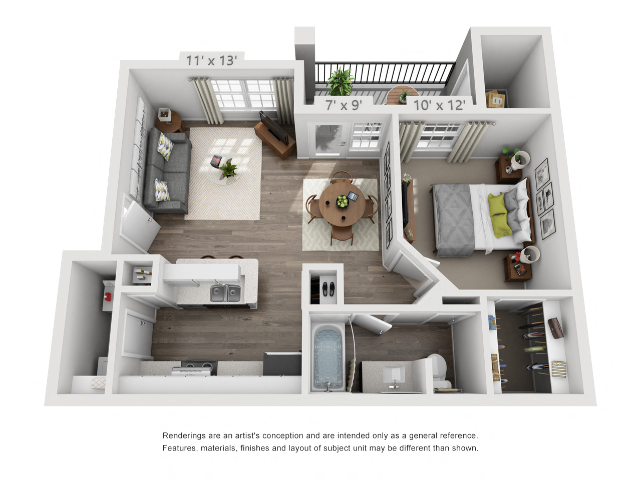 Floor plan for 1 bed, 1 bath, 659 sqft